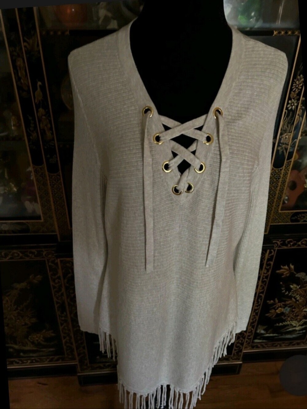 I.N.C International Concepts V- Neck Lace Up Fringe 70's Knit Boho Midi Dress